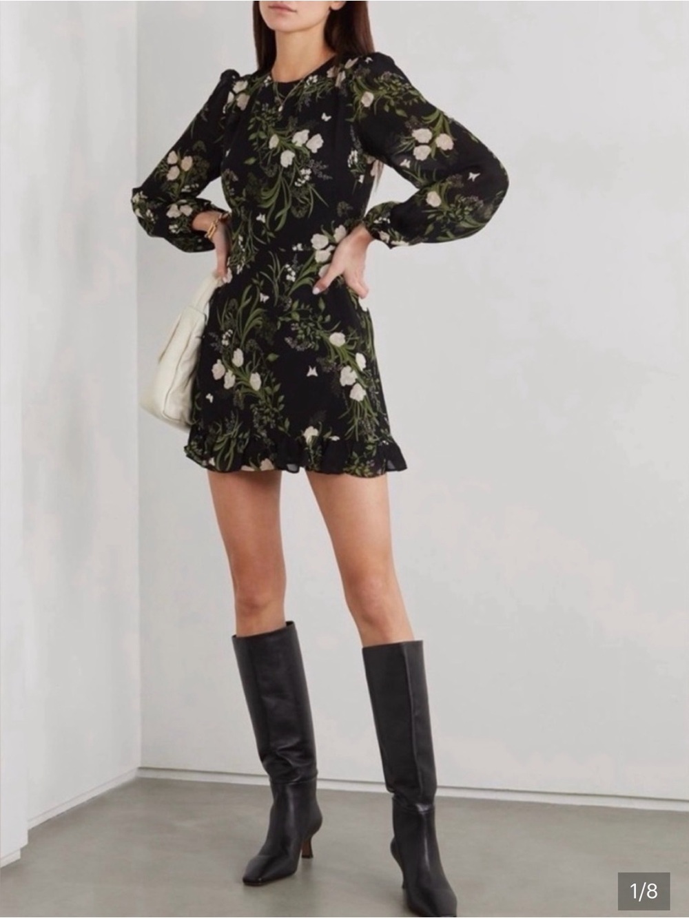 Reformation Resnick Dark Floral Butterfly Long Sleeve Ruffle Hem Mini Dres Sz 12